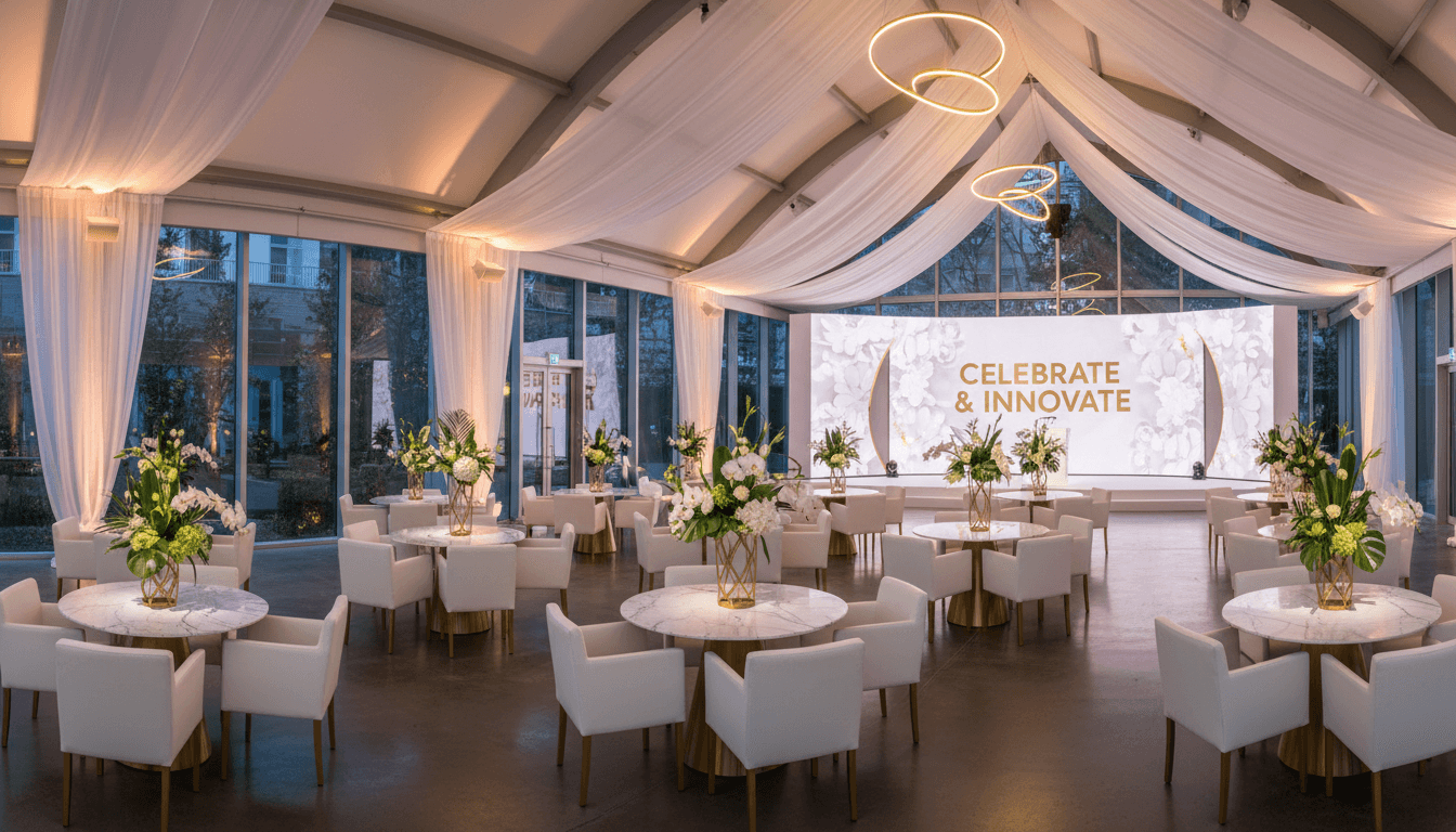 Cohesive event interior with matching furniture and florals in a contemporary event venue