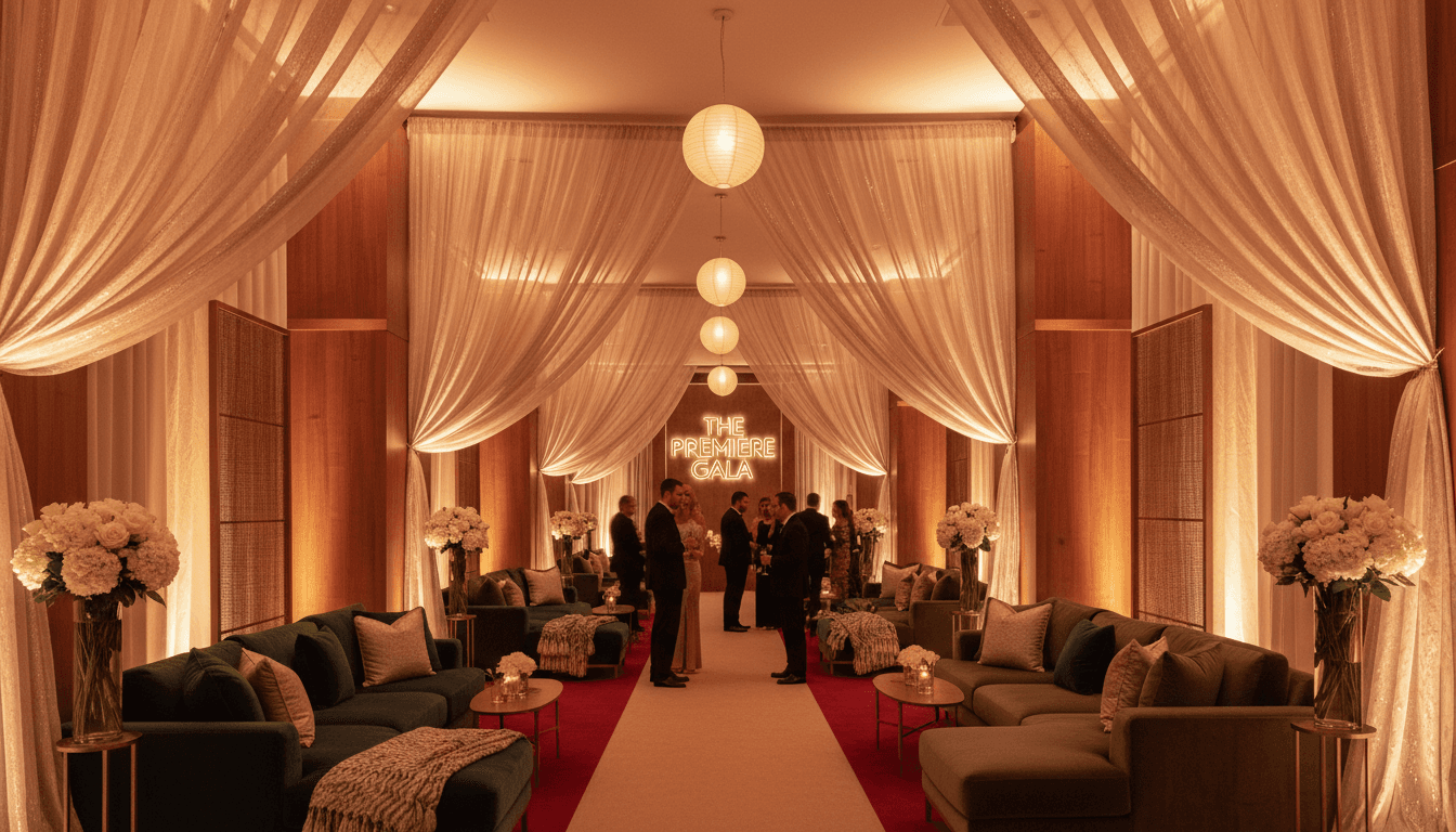 Soft warm lighting and layered textures at an upscale event reception entrance
