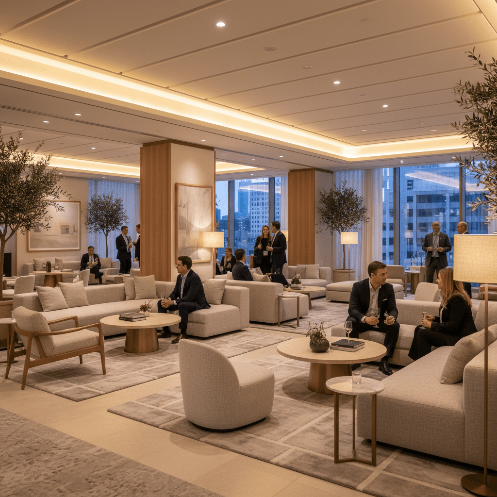 Corporate afterparty lounge with neutral sofas and warm accent lighting