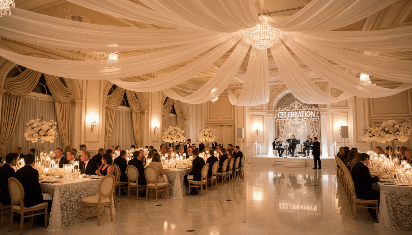 Elegant event reception with draped fabric and warm candlelight in an upscale ballroom