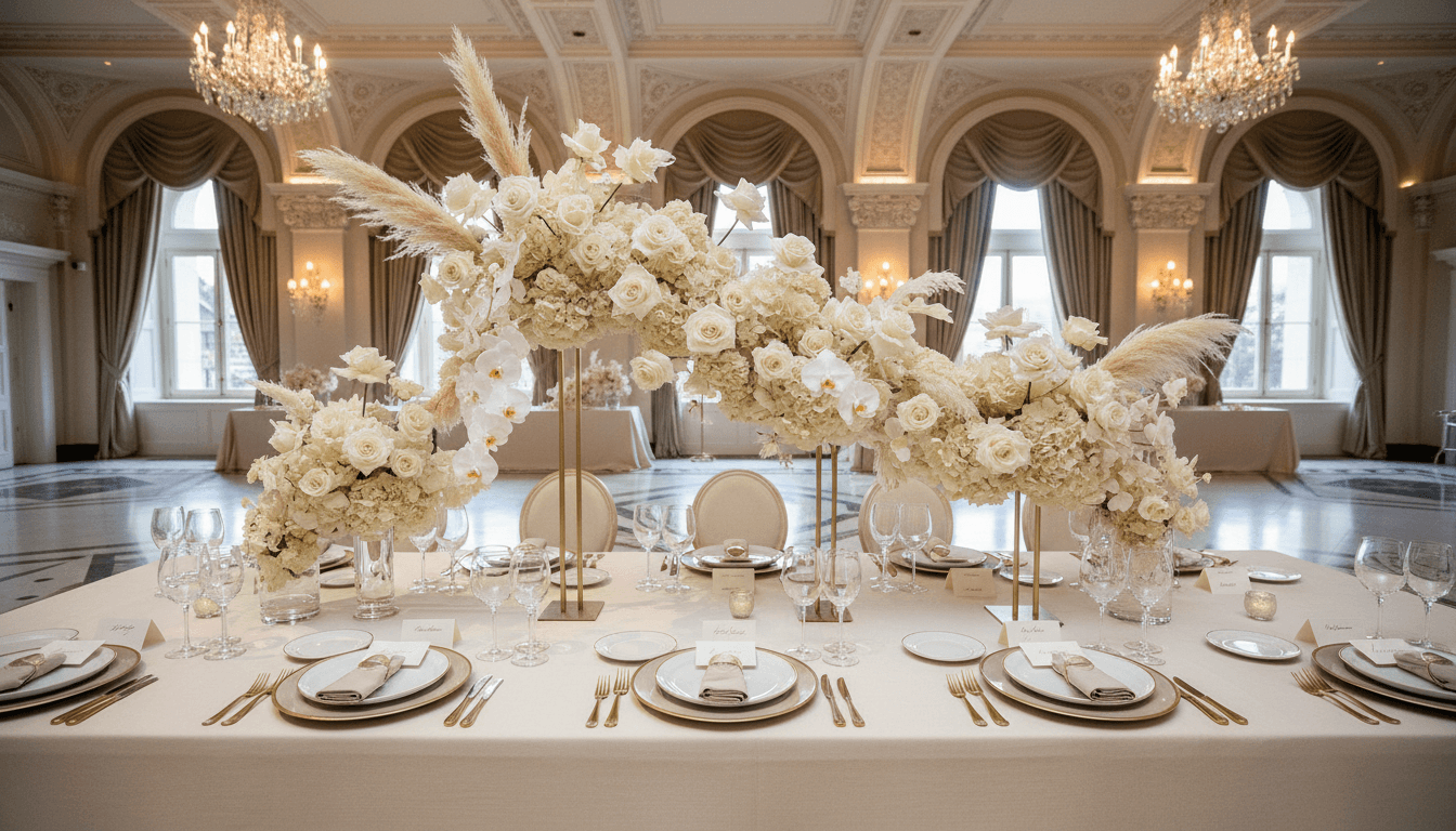 Elegant event table with neutral tones and sculptural floral centerpiece in a refined ballroom