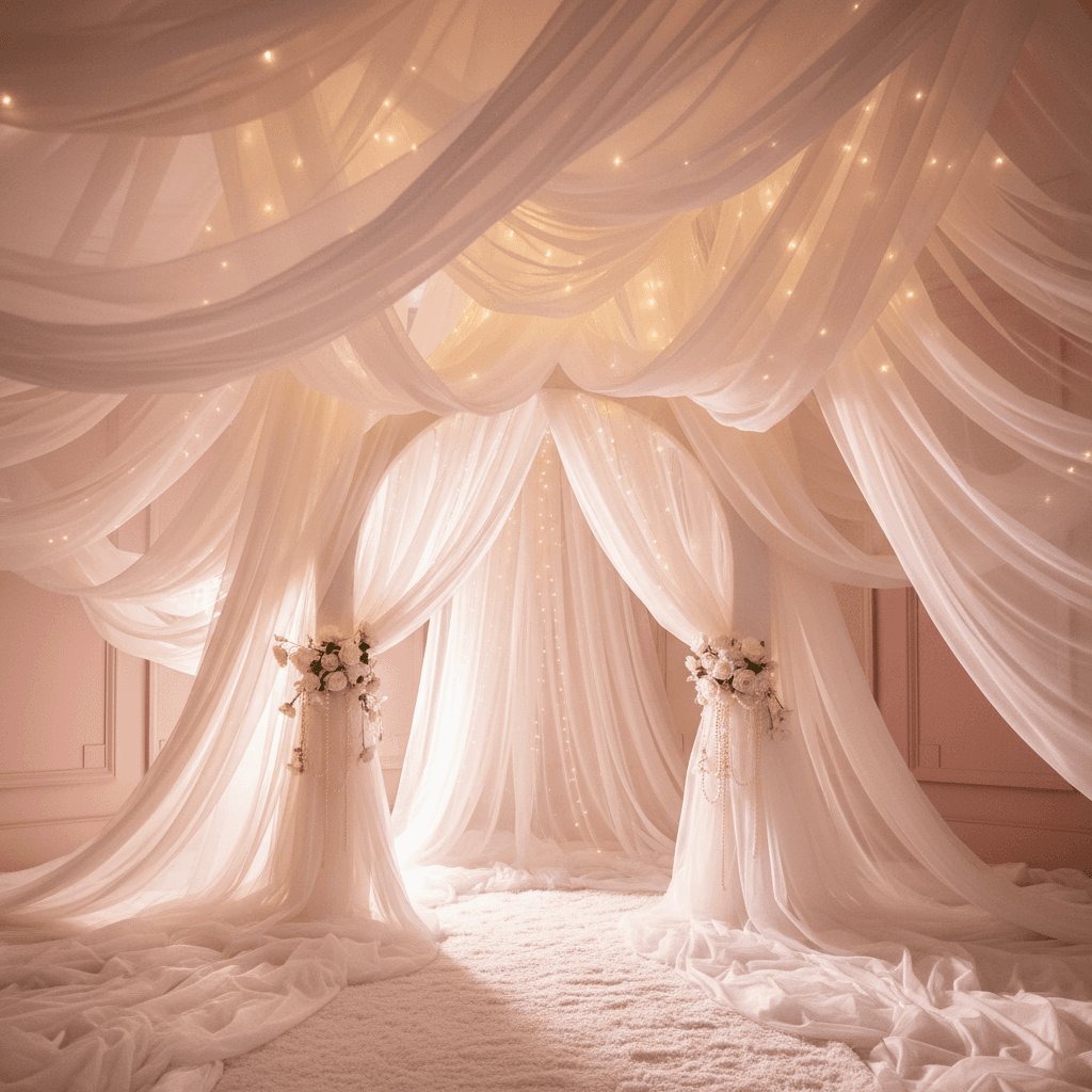 Soft white fabric draped across a venue ceiling for a romantic entrance