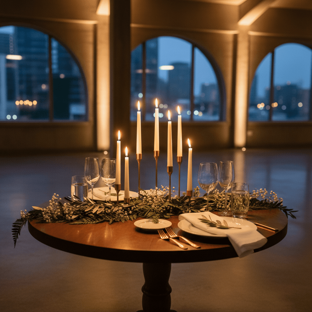Candlelit table for two styled with fine china and soft greenery