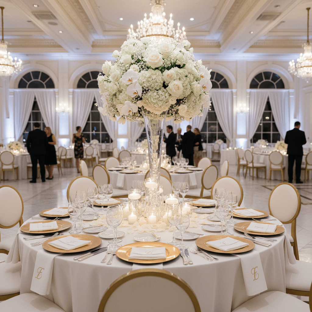 Long dinner table styled with tall white floral centerpiece for a gala