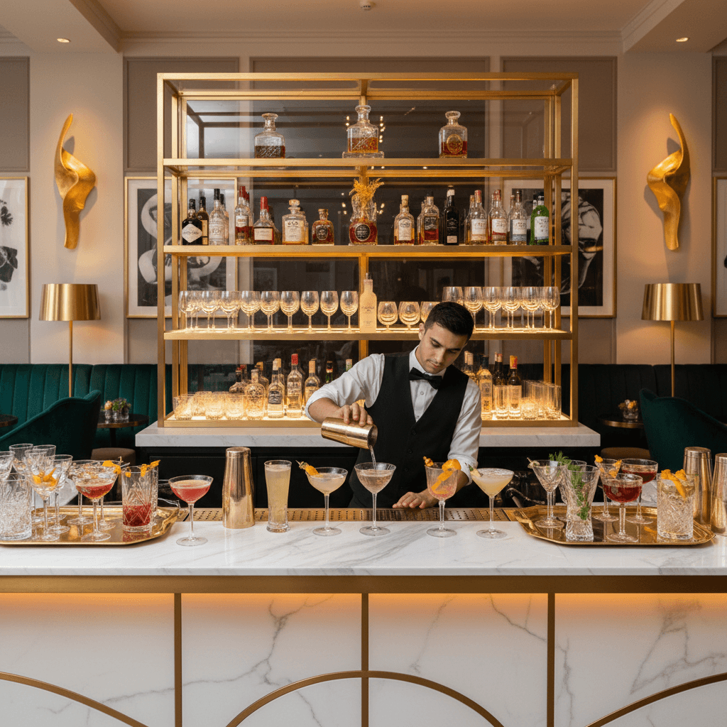 Cocktail bar with gold trim and crystal glassware ready for service