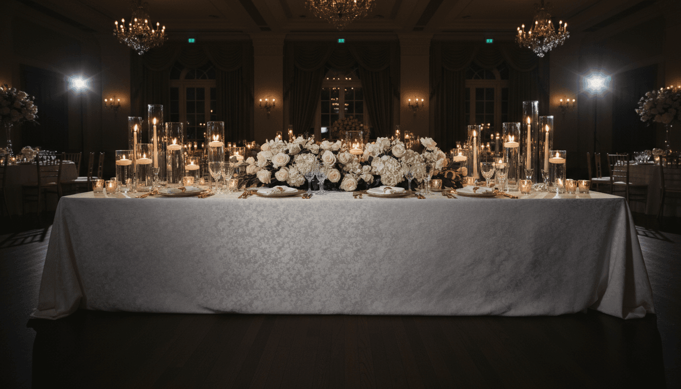 Elegant event table setting with candles and white florals