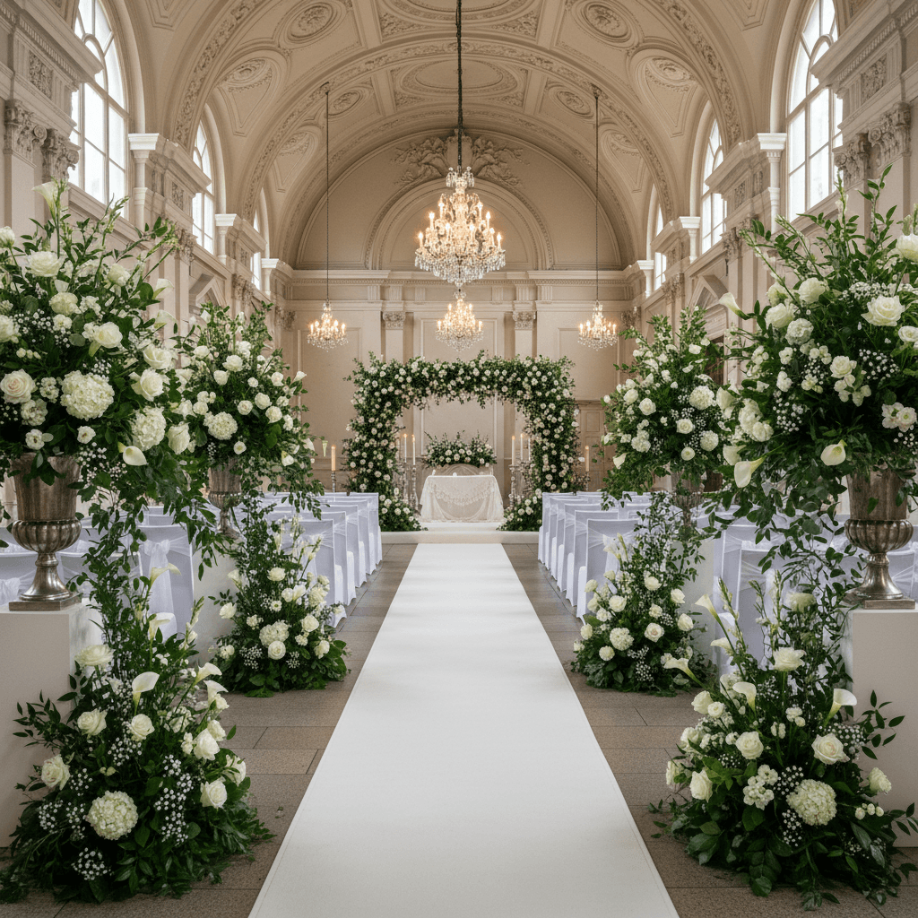 Ceremony aisle framed by lush greenery and white floral arrangements