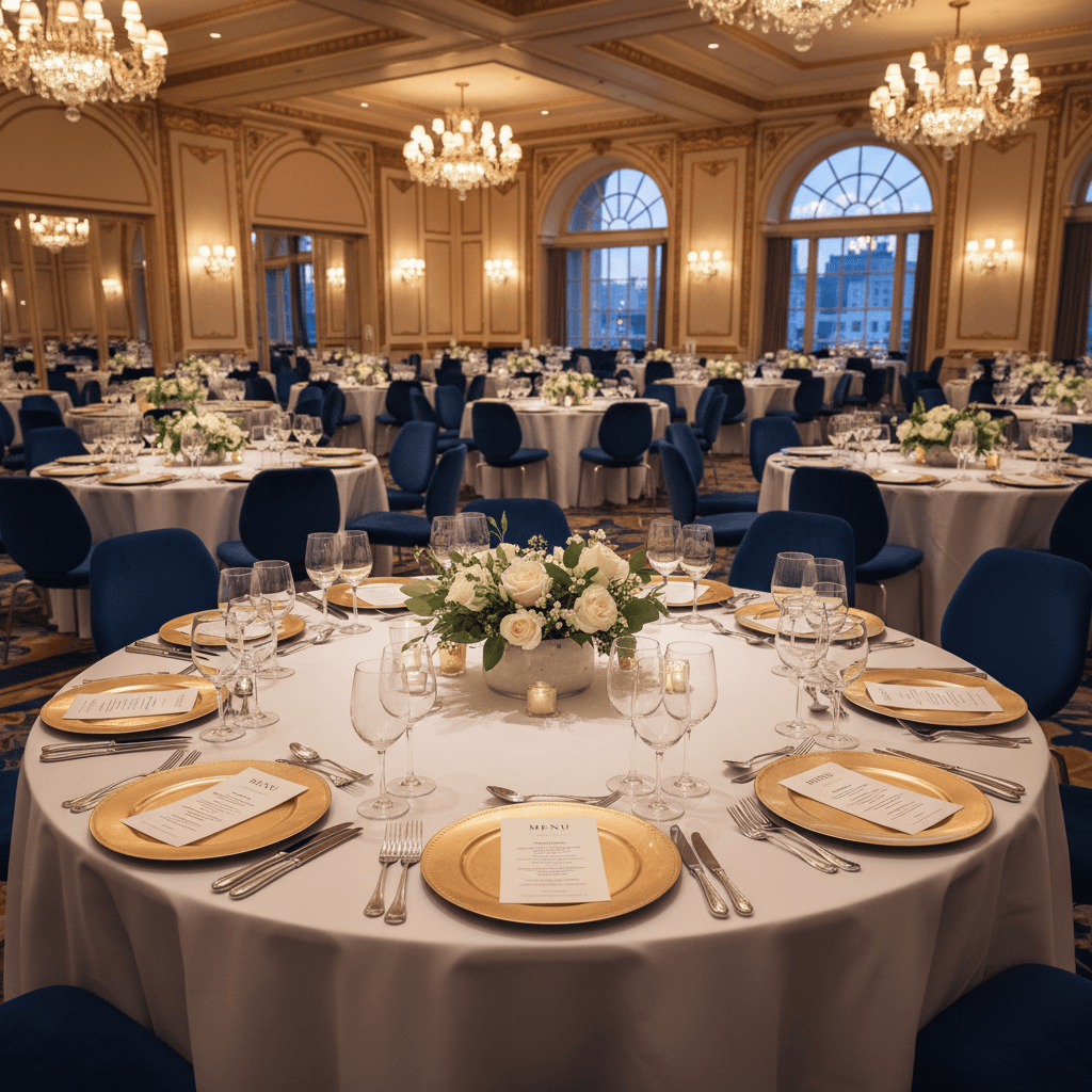 Round banquet tables with low floral centerpieces and place settings