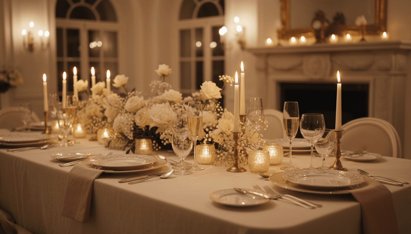 Candlelit dinner tablescape with soft florals and layered place settings