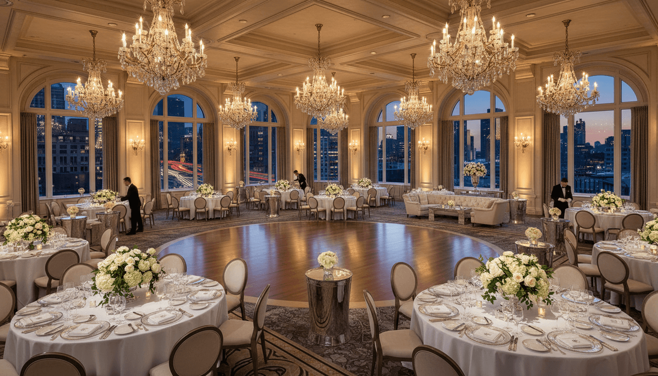Elegant event table setting with flowers, candles, and fine china in a ballroom