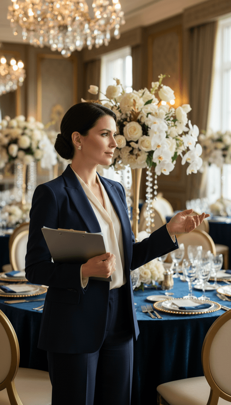 Event coordinator directing setup in elegant ballroom