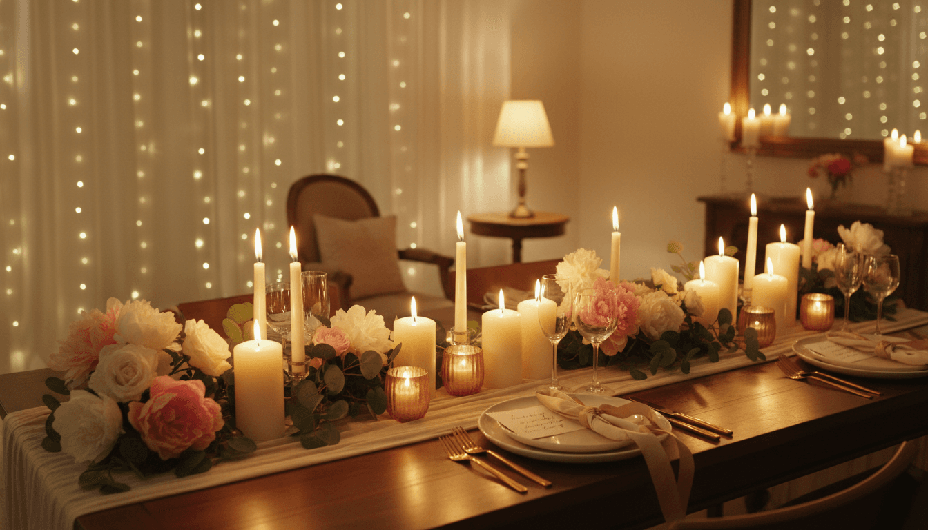 Stylish event table setting with candles and flowers