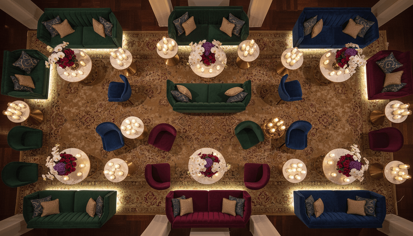 Understated lounge seating with tailored sofas and soft greenery