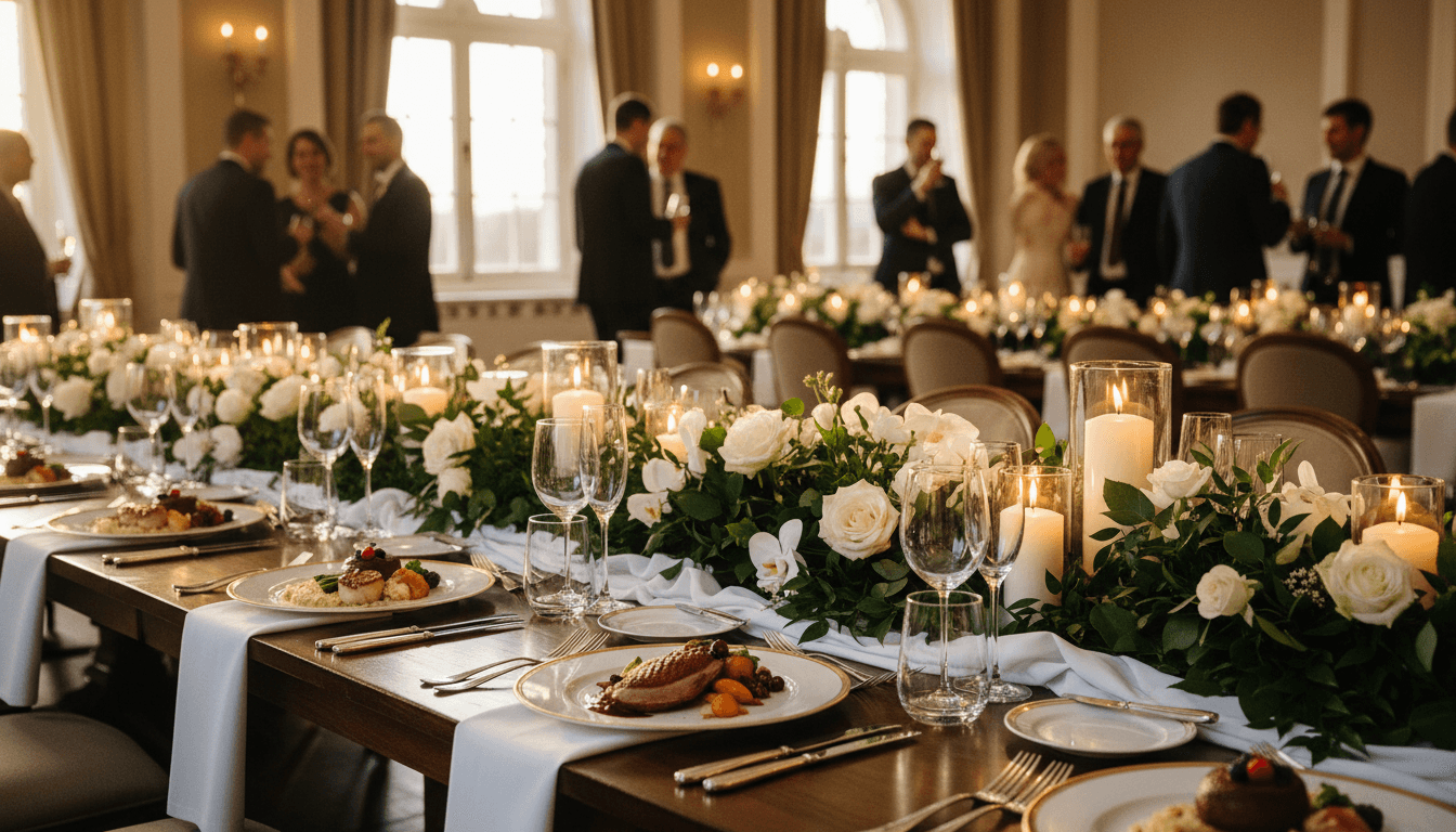 Banquet table with taper candles and seasonal floral runners