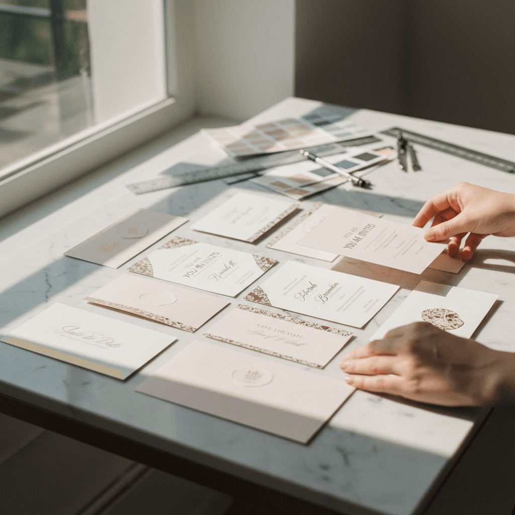 Minimalist event signage and stationery with elegant typography
