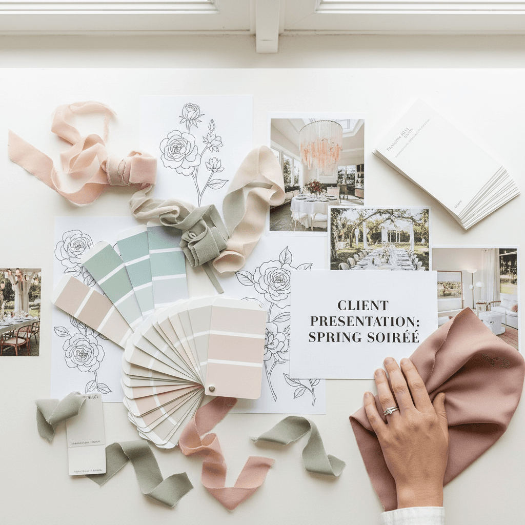 Event designer reviewing creative mood board and material samples