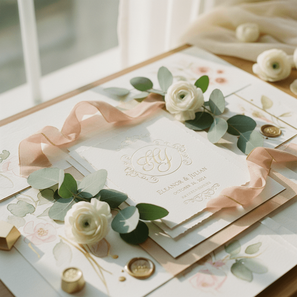 Designer table with ribbon samples and inspiration photos