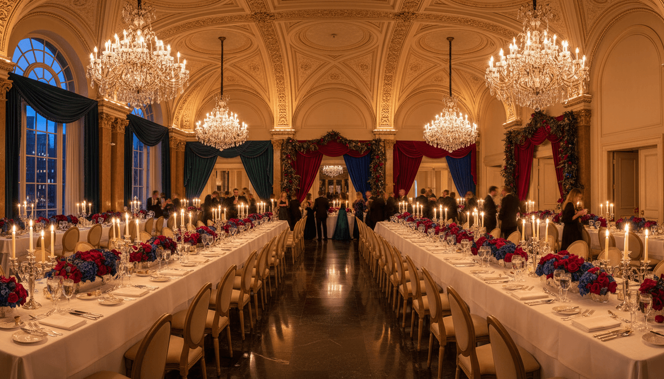 Corporate gala tables with white linens and understated floral centerpieces