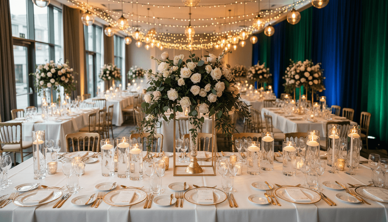 Wedding coordinator adjusting centerpiece before guests arrive
