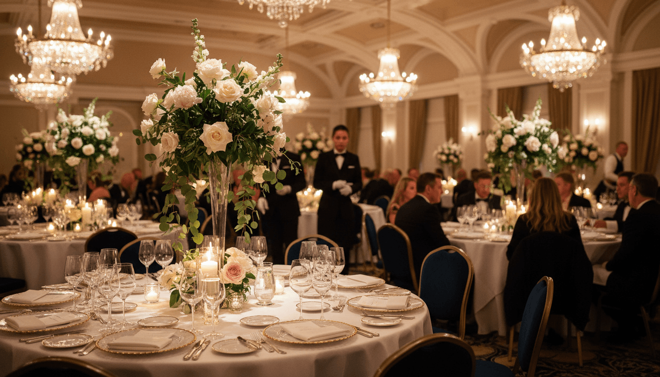 Elegant event table setting with candles and floral centerpiece in a sophisticated Toronto venue