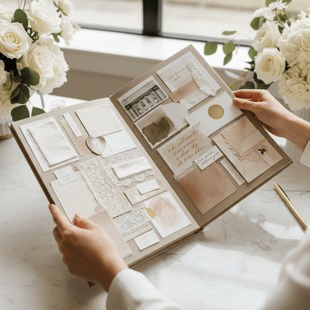 Elegant event mood board with fabric swatches and floral samples