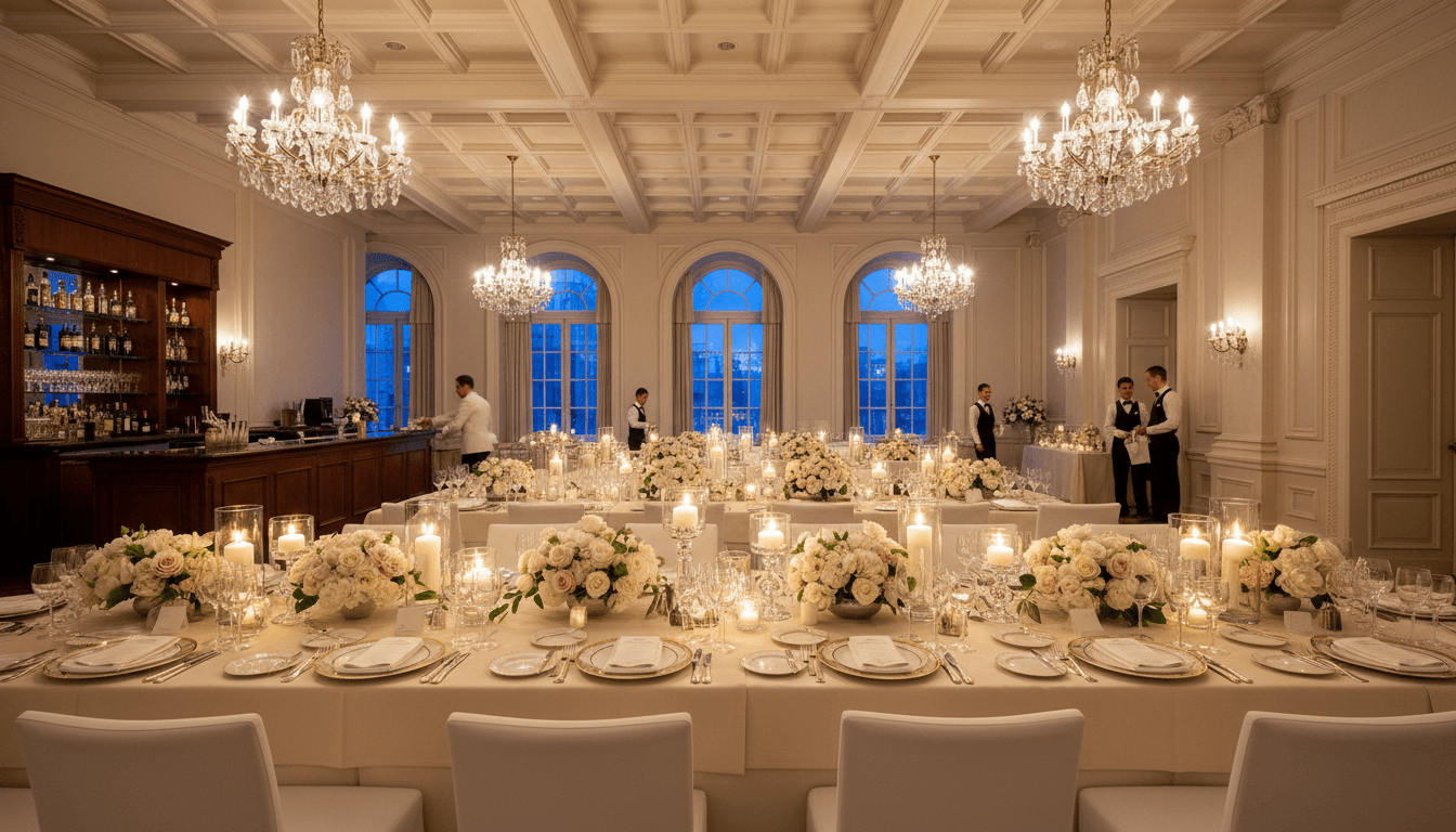 Event staff arranging chairs and table settings in banquet hall