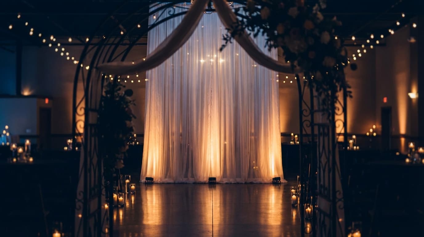 Warm ambient lighting over draped ceiling with greenery