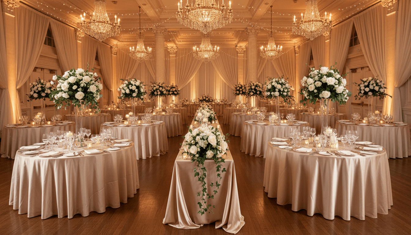Tall portrait of a ballroom reception styled with lush florals and ambient light
