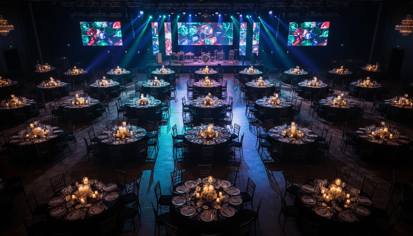 Elegant corporate gala dinner tablescape with modern centerpieces