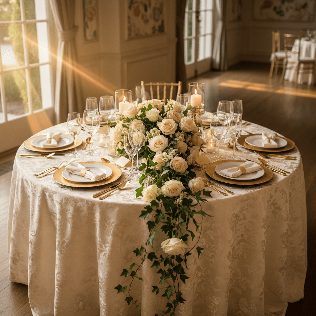 Luxurious wedding reception table with white flowers and candlelight